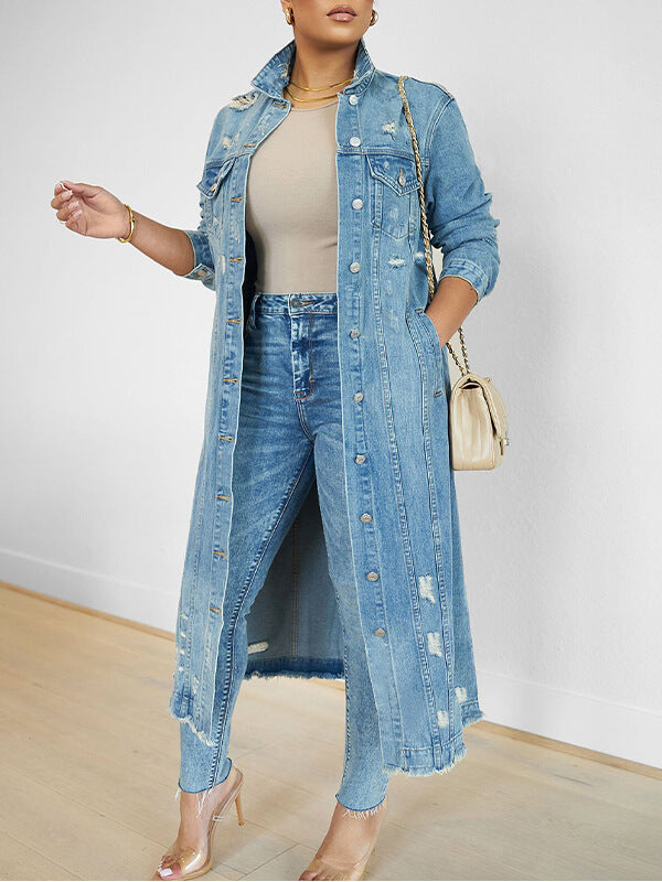 Distressed long denim jacket best sale