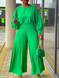 Pleated Puff-Sleeve Top & Wide-Leg Pants Set