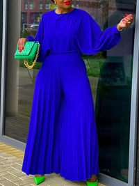 Pleated Puff-Sleeve Top & Wide-Leg Pants Set