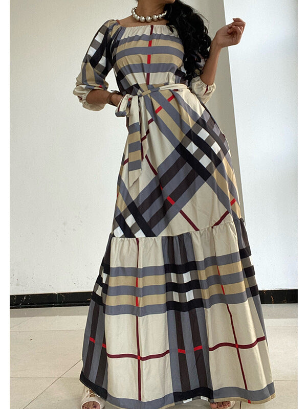 Beautiedoll Plaid Off-Shoulder Tied Dress