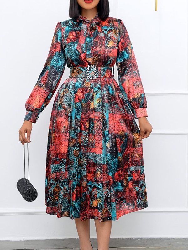 Beautiedoll Printed Tied-Neck Belted Dress