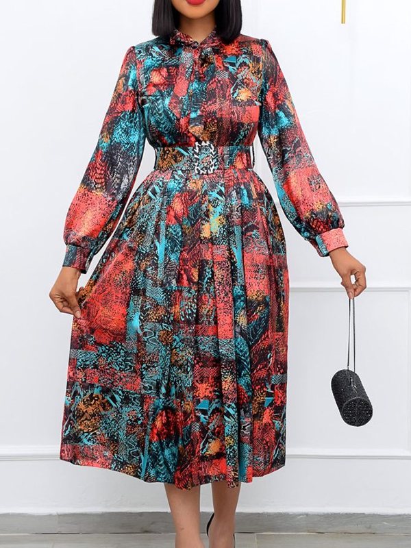 Beautiedoll Printed Tied-Neck Belted Dress