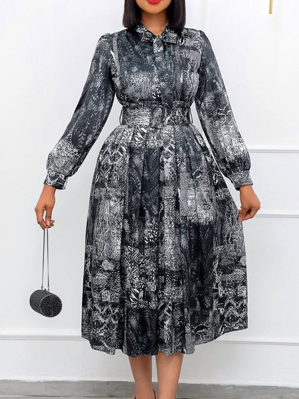 Printed Tied-Neck Belted Dress