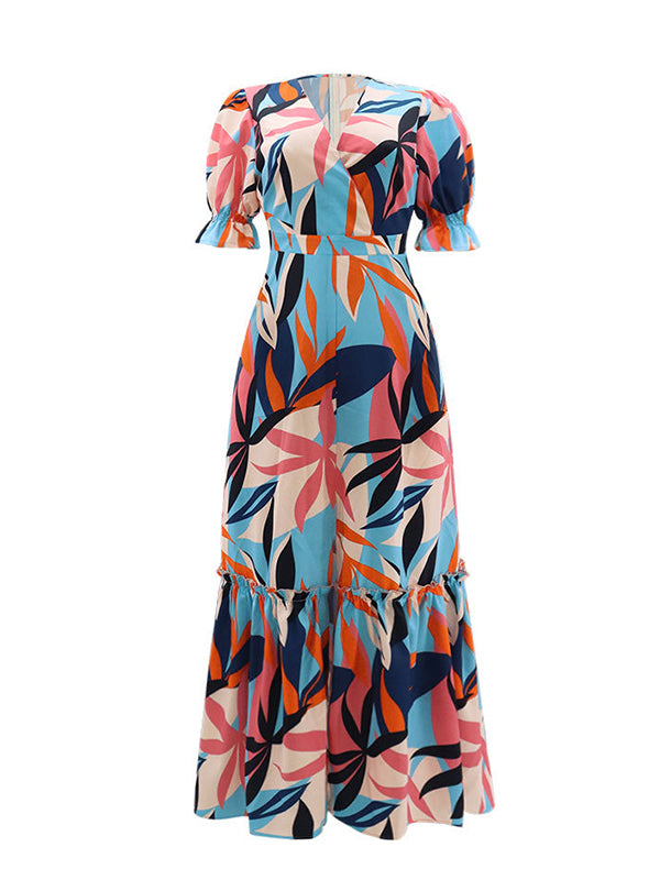 Beautiedoll Printed V-Neck Ruffle Dress