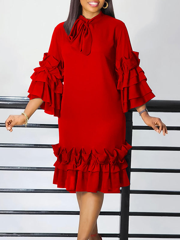 Solid Tied-Neck Frilled Dress