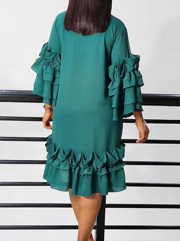 Beautiedoll Solid Tied-Neck Frilled Dress