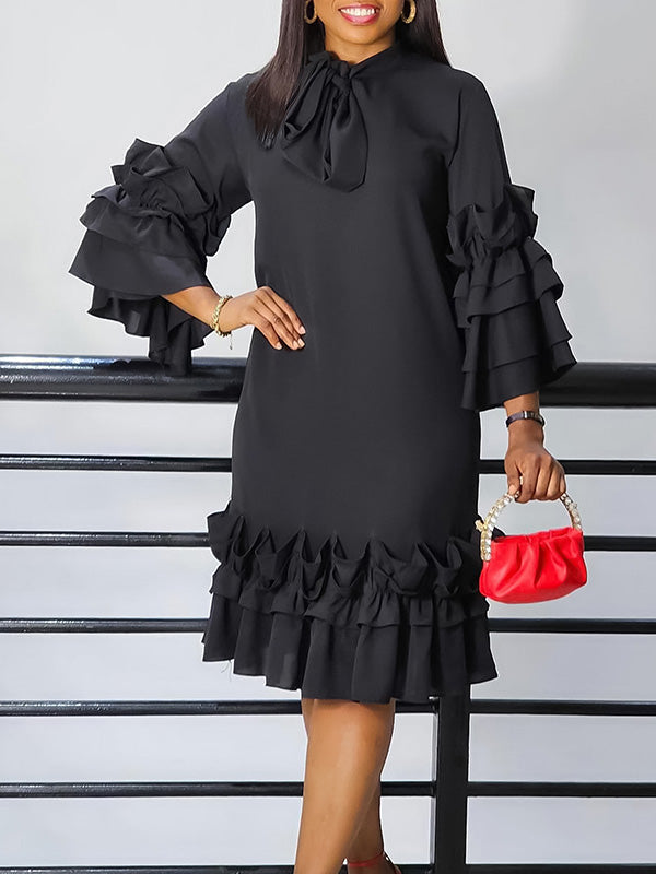 Solid Tied-Neck Frilled Dress