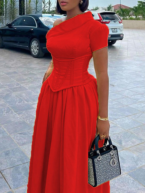 Beautiedoll Solid One-Shoulder Midi Dress