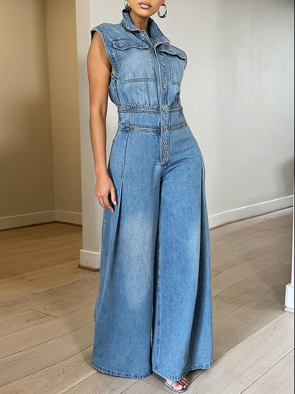 Beautiedoll Button-Front Denim Jumpsuit