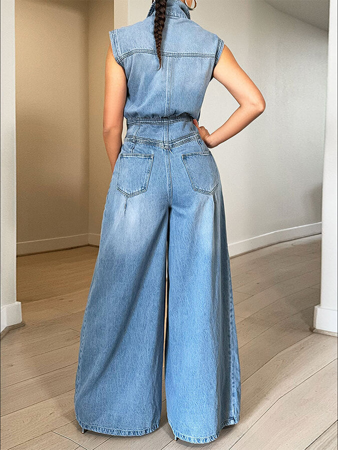 Beautiedoll Button-Front Denim Jumpsuit