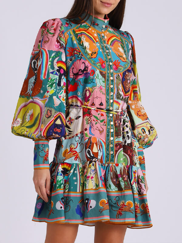 Beautiedoll Printed Button-Front Shirt Dress