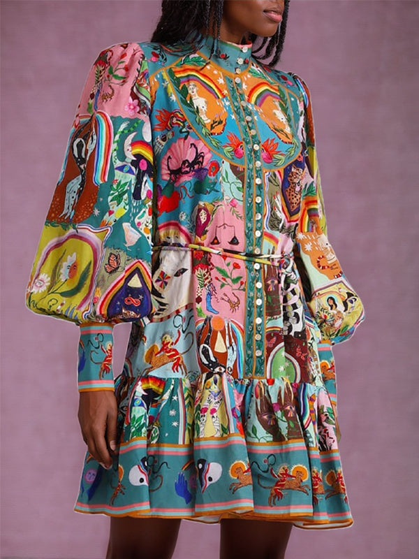 Beautiedoll Printed Button-Front Shirt Dress