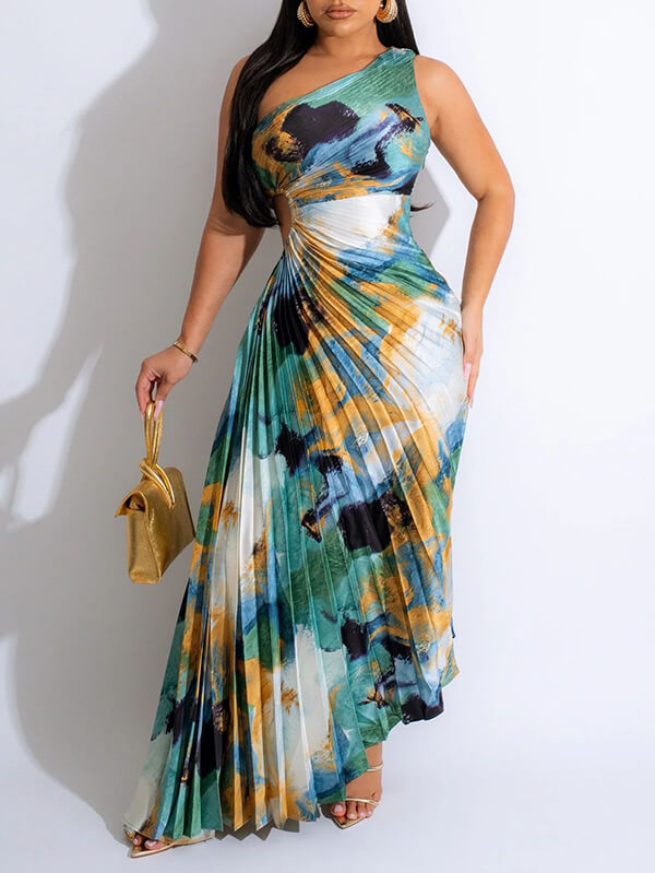 Beautiedoll Printed One-Shoulder Pleated Dress