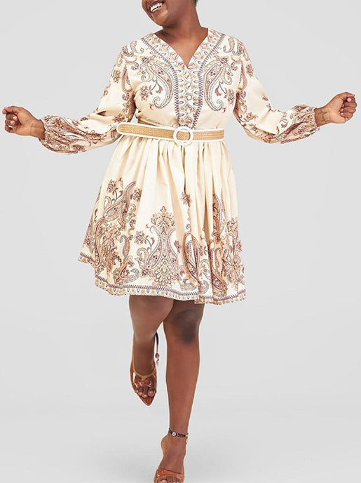 Beautiedoll Printed V-Neck Belted Dress