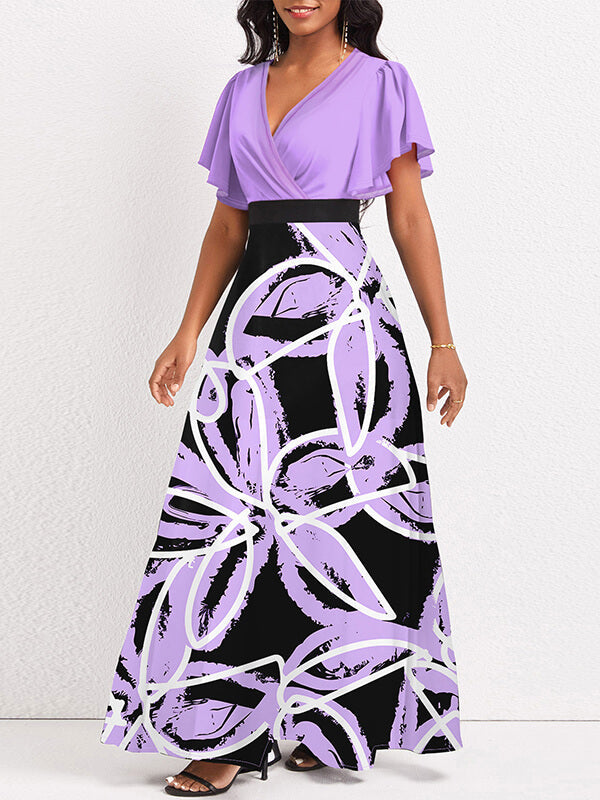 Printed-Combo V-Neck Maxi Dress