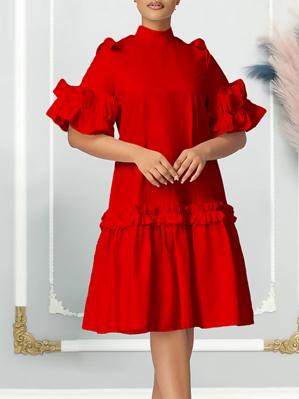 Solid Mock-Neck Frilled Dress