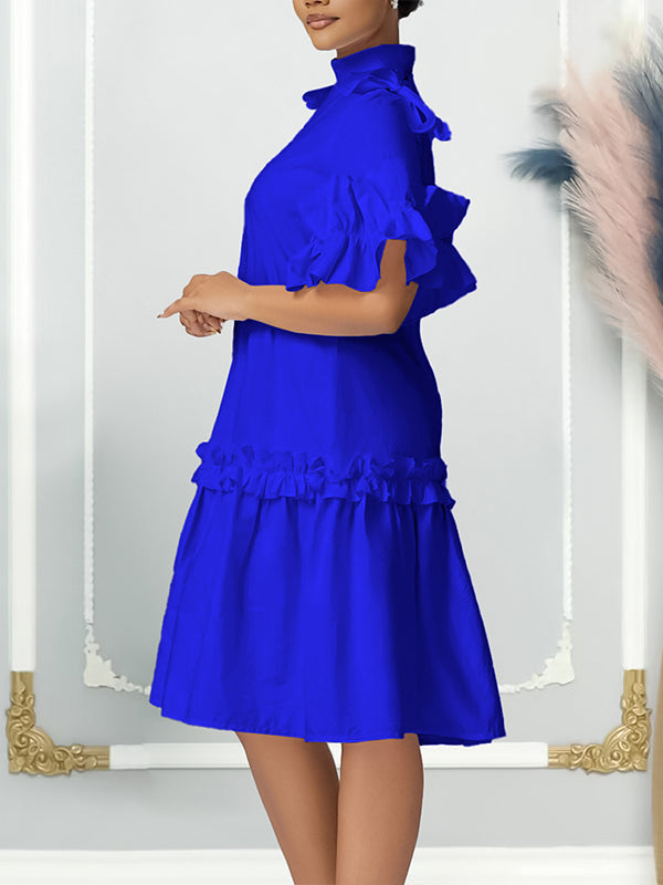 Beautiedoll Solid Mock-Neck Frilled Dress