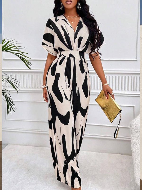 Beautiedoll Printed V-Neck Wide-Leg Jumpsuit