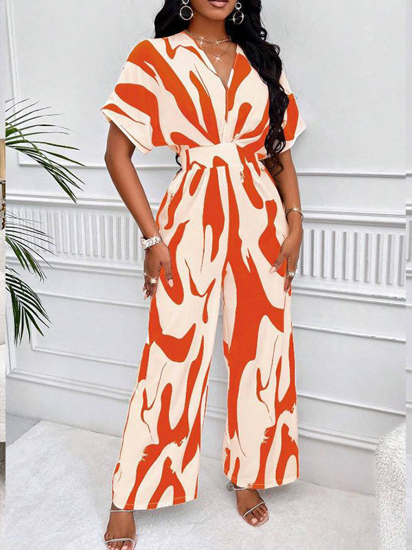 Beautiedoll Printed V-Neck Wide-Leg Jumpsuit