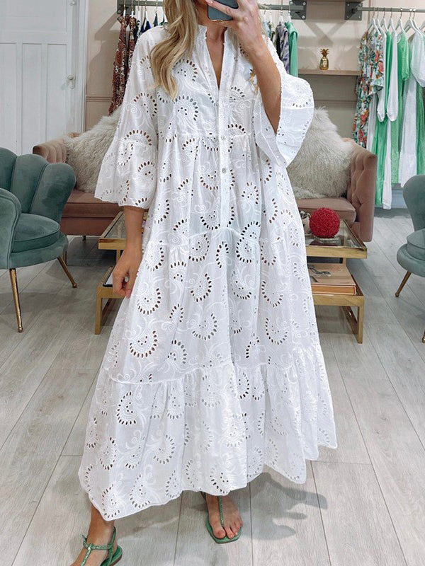 Solid Bell-Sleeve Lace Dress