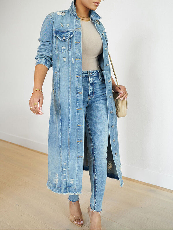 Distressed Long Denim Jacket