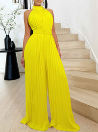 Beautiedoll Solid Belted Sleeveless Pleated Jumpsuit