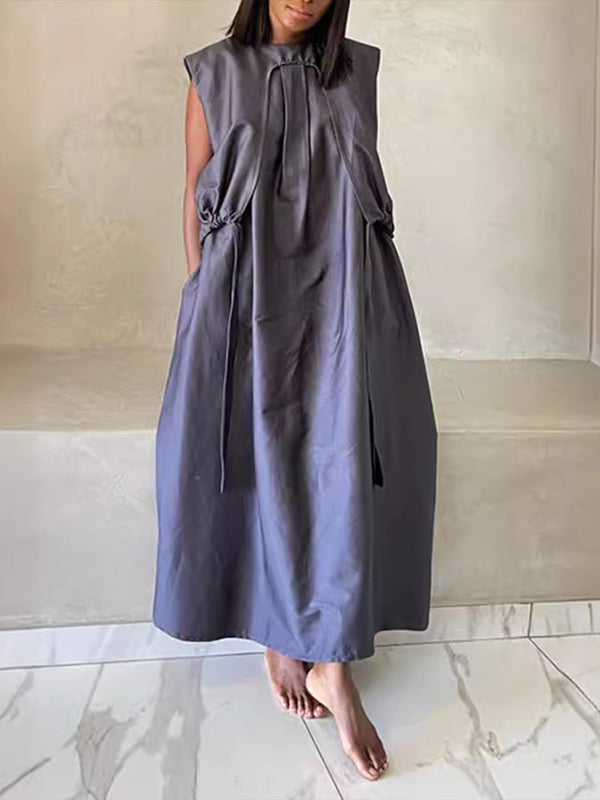 Solid Drawstring Sleeveless Dress