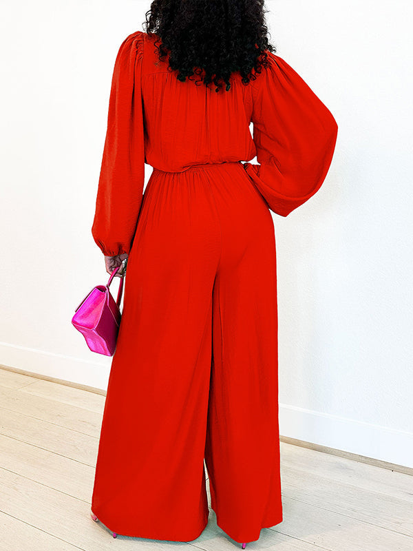 Solid Button-Front Tied Jumpsuit