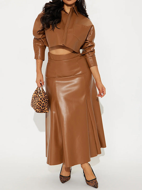 Faux-Leather Shirt & Skirt Set