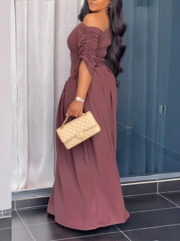 Solid Ruched-Sleeve Maxi Dress