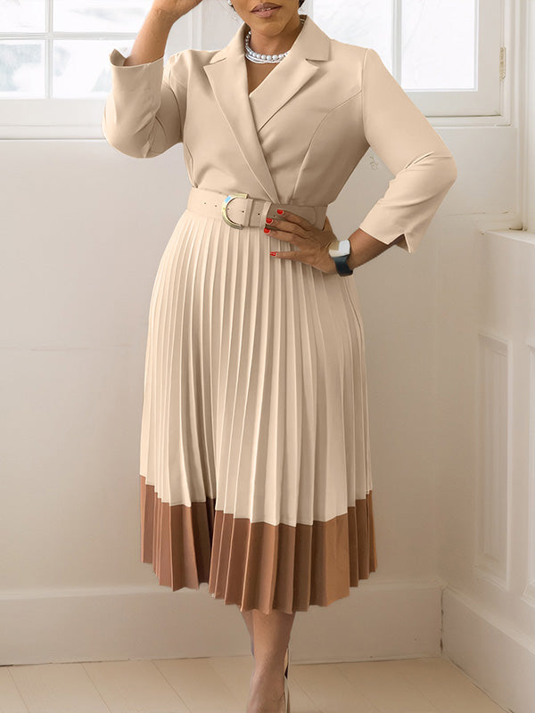 Beautiedoll Two-Tone Belted Pleated Dress