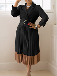 Two-Tone Belted Pleated Dress