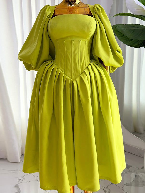 Solid Puff-Sleeve Tied-Back Dress