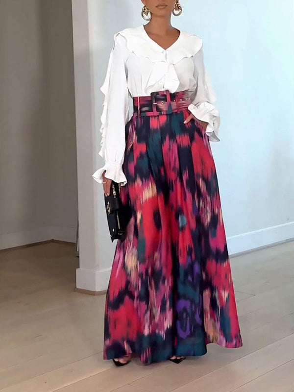 Printed Belted Wide-Leg Pants