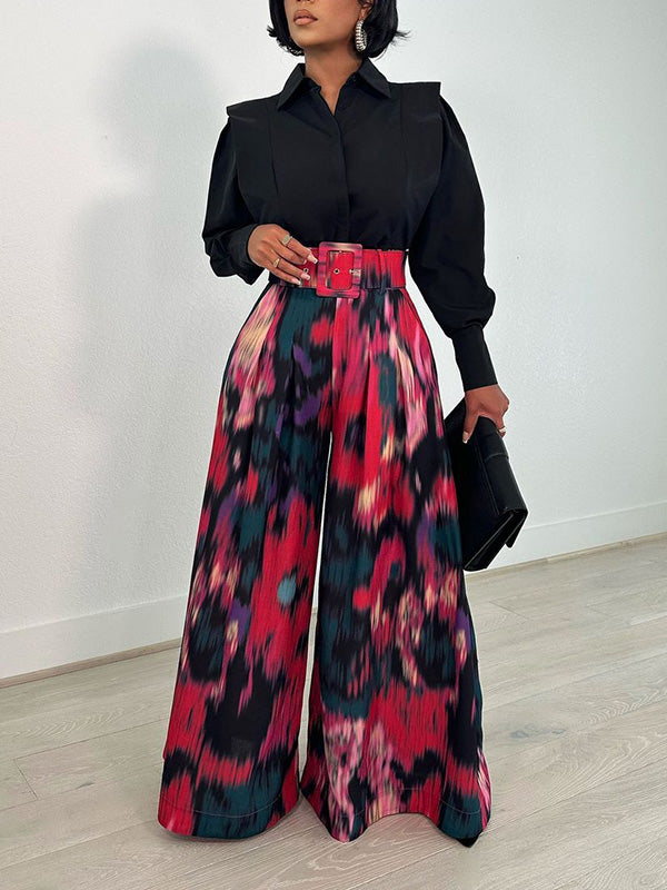 Printed Belted Wide-Leg Pants