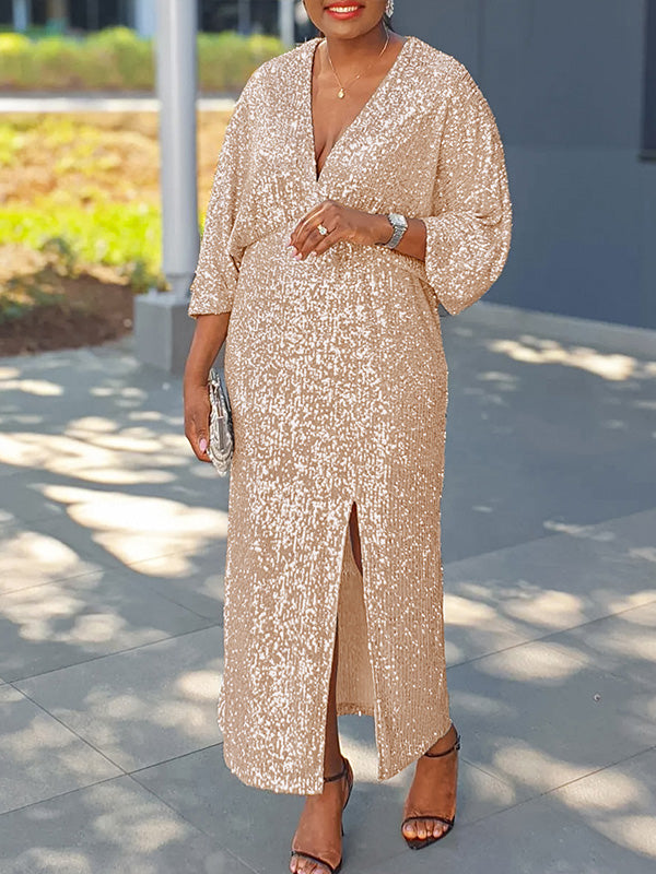 Sequin V-Neck Slit Dress