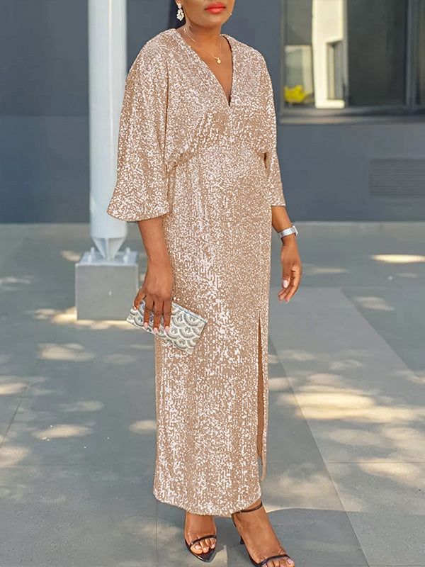 Sequin V-Neck Slit Dress