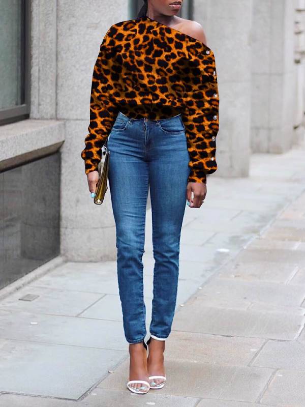 Leopard Boat-Neck Button Sweatshirt