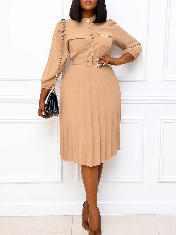 Solid Belted Pleated Dress