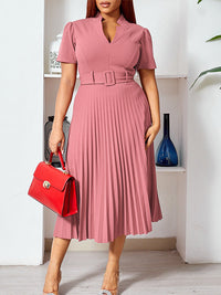 Solid Belted Pleated Dress