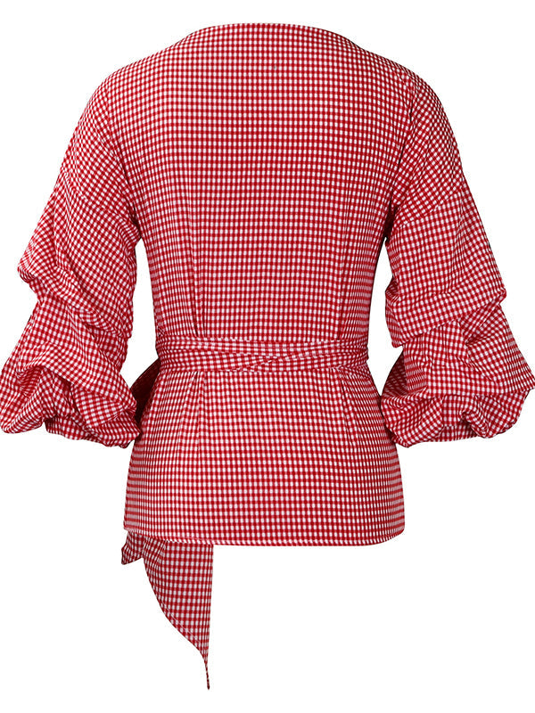 Plaid Puff-Sleeve Tied Blouse