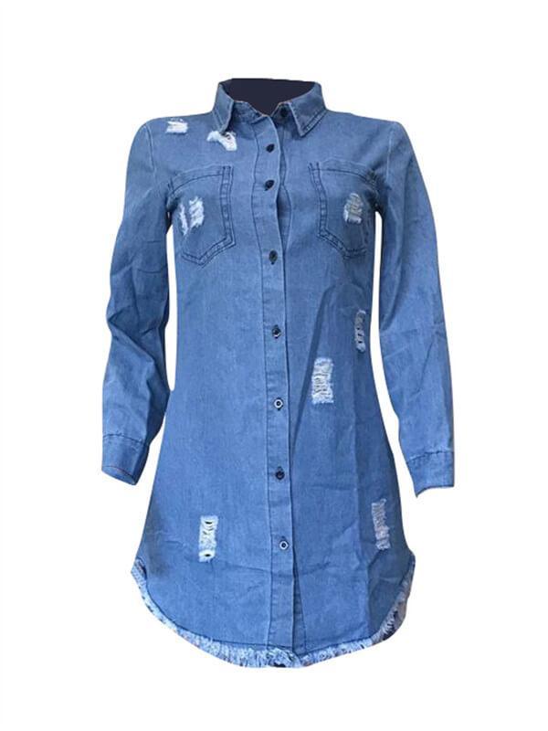 Ripped Button-Down Denim Shirt Dress