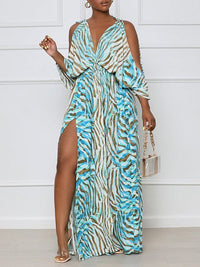 Beautiedoll Printed Cold-Shoulder Slit Dress