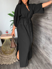 Beautiedoll Solid Drawstring Slit Dress