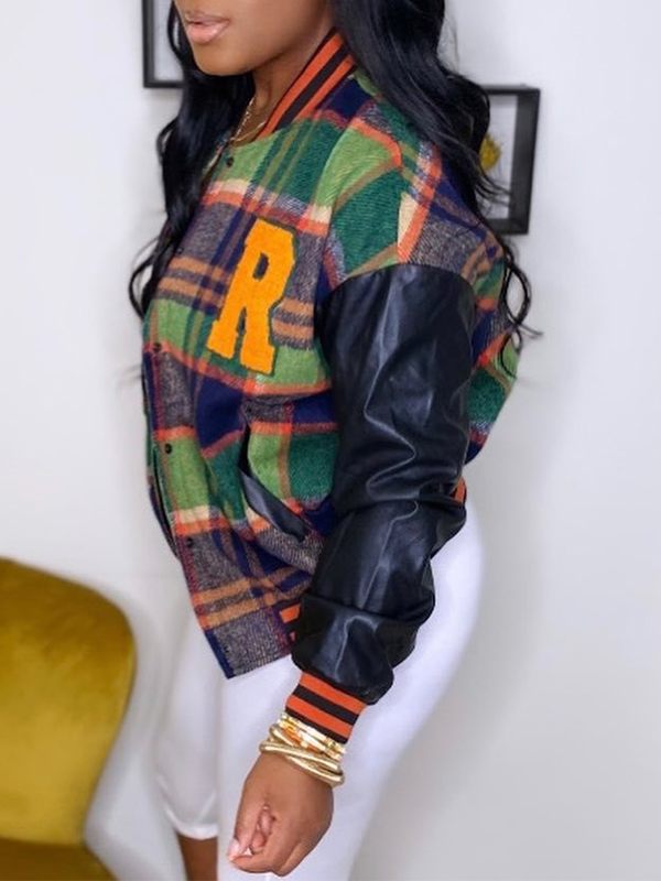 Faux-Leather Combo Plaid Bomber Jacket