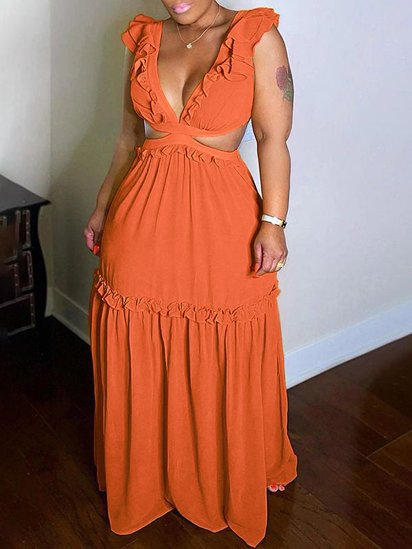 Beautiedoll Frilled V-Neck Maxi Dress