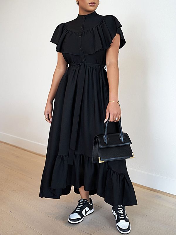 Beautiedoll Solid Ruffle Shirt Dress