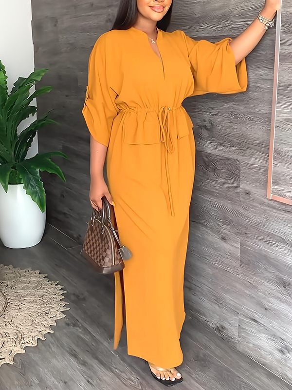 Beautiedoll Solid Drawstring Slit Dress