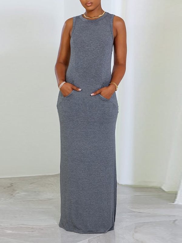 Solid Sleeveless Slit Dress