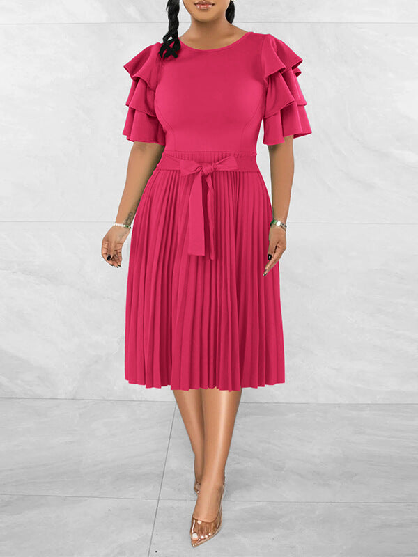 Ruffle-Sleeve Pleated Dress